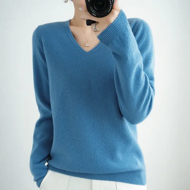 Sweater Short Plus Size Pullover Bottoming Shirt Fog Blue V Neck - Shop at LoveMi