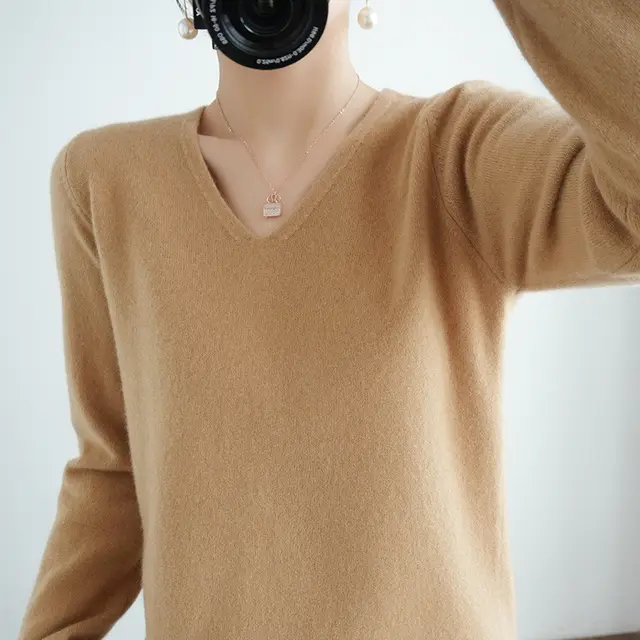 Sweater Short Plus Size Pullover Bottoming Shirt Golden Camel V Neck - Shop at LoveMi