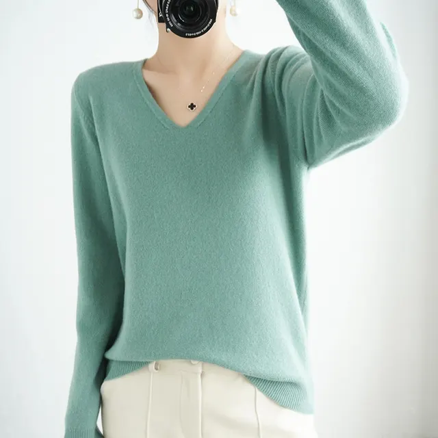 Sweater Short Plus Size Pullover Bottoming Shirt Mint Green V Neck - Shop at LoveMi