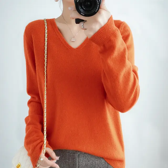 Sweater Short Plus Size Pullover Bottoming Shirt Orange V Neck - Shop at LoveMi