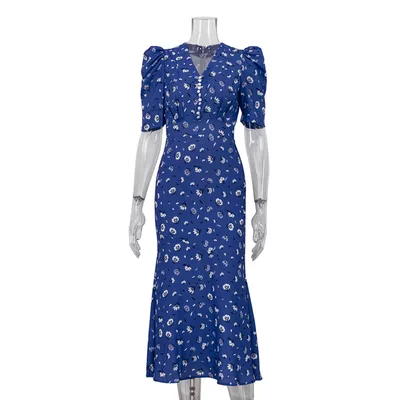 V neck Pleated Short Sleeves High Waist Floral Dress Blue - Shop at LoveMi