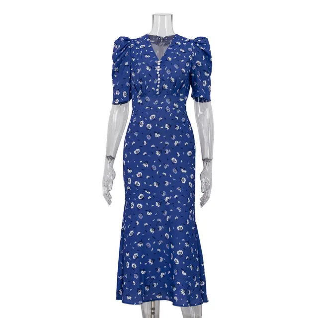 V neck Pleated Short Sleeves High Waist Floral Dress Blue - Shop at LoveMi