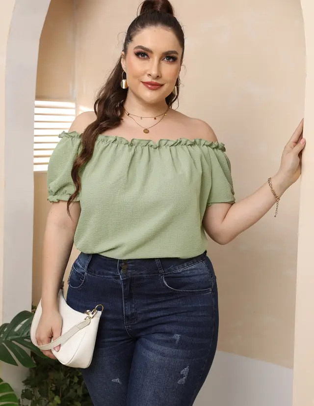 Plus Size Women's Clothing European And American Style Ruffled Off shoulder Top Green - Shop at LoveMi