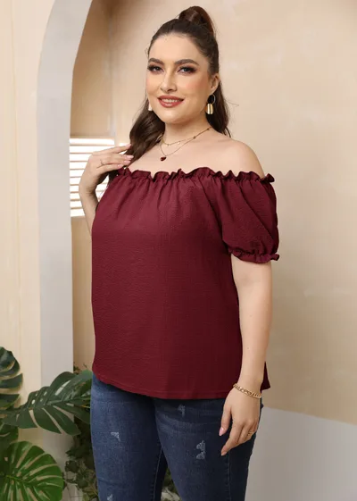 Plus Size Women's Clothing European And American Style Ruffled Off shoulder Top Purplish Red - Shop at LoveMi
