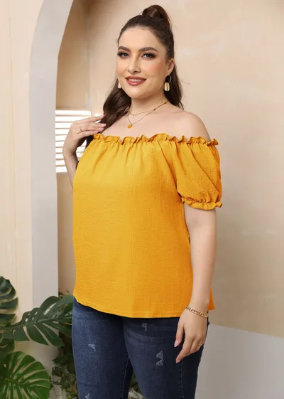 Plus Size Women's Clothing European And American Style Ruffled Off shoulder Top Yellow - Shop at LoveMi
