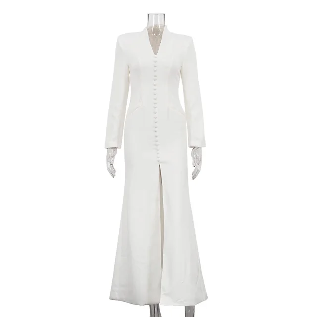 V neck Long Sleeve High Waist Slit French Dress Beige - Shop at LoveMi