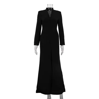 V neck Long Sleeve High Waist Slit French Dress Black - Shop at LoveMi