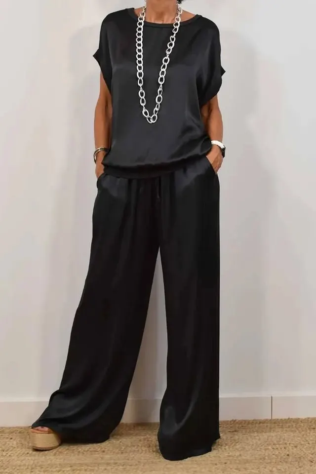 Spring And Summer New Trend Loose Shirt Wide Leg Pants Casual Suit Black - Shop at LoveMi
