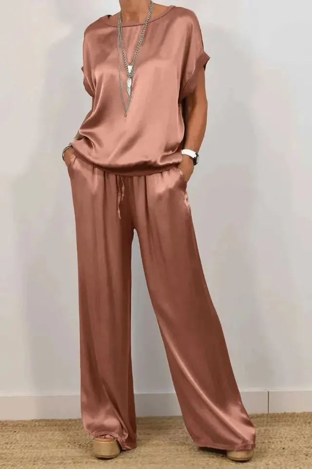Spring And Summer New Trend Loose Shirt Wide Leg Pants Casual Suit Chocolate - Shop at LoveMi