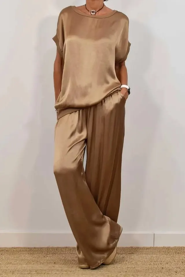 Spring And Summer New Trend Loose Shirt Wide Leg Pants Casual Suit Dark Brown - Shop at LoveMi