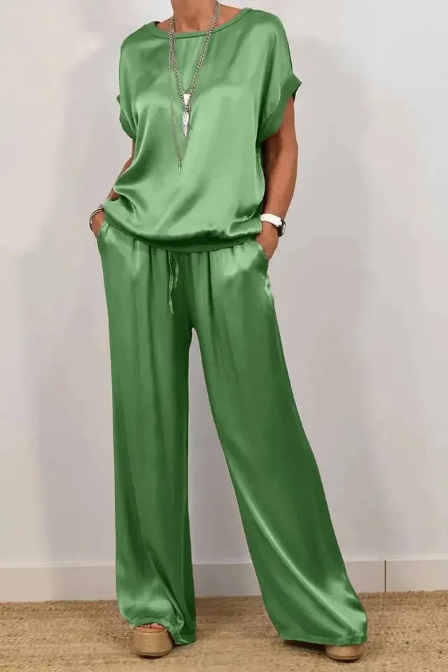 Spring And Summer New Trend Loose Shirt Wide Leg Pants Casual Suit Green - Shop at LoveMi