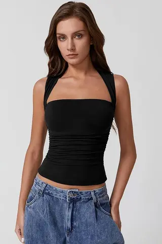 Off-the-shoulder Square Collar Shoulder Strap Midriff-baring Top - Black
