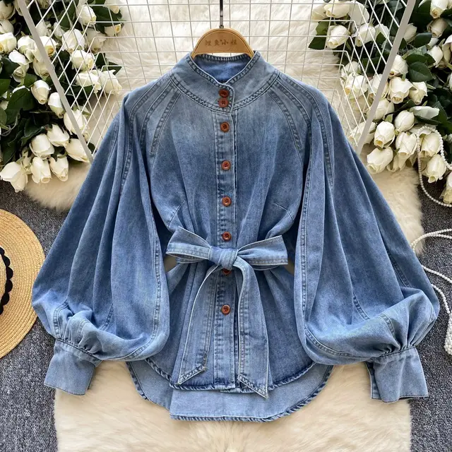 Retro Lace up Waist controlled Stand up Collar Puff Sleeve Denim Top Light Blue - Shop at LoveMi