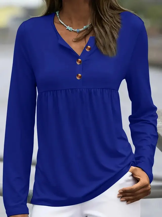 Casual Solid Color Buttons V neck Long Sleeve Blue - Shop at LoveMi