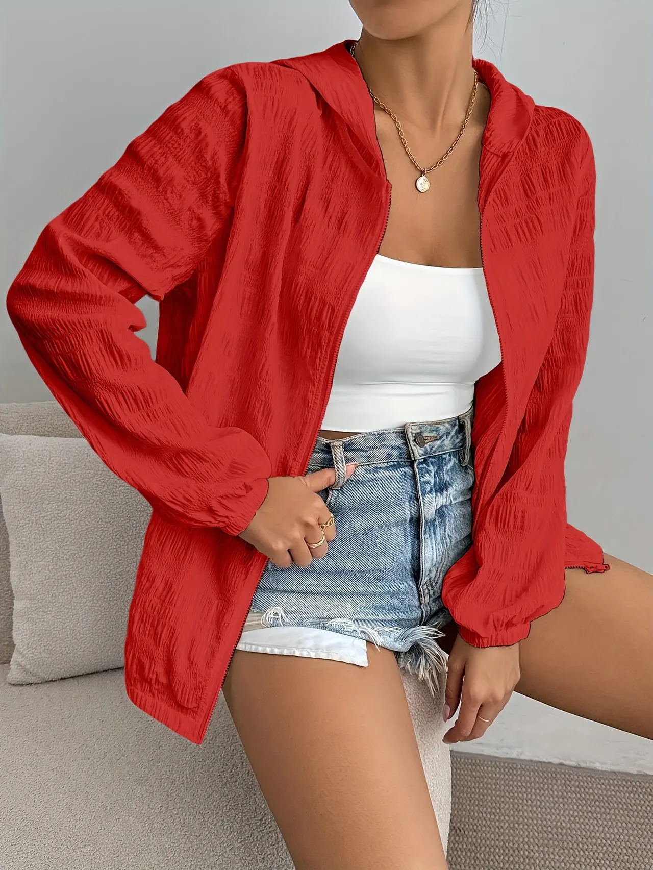 Solid Color Casual Zipper Long Sleeve - Red