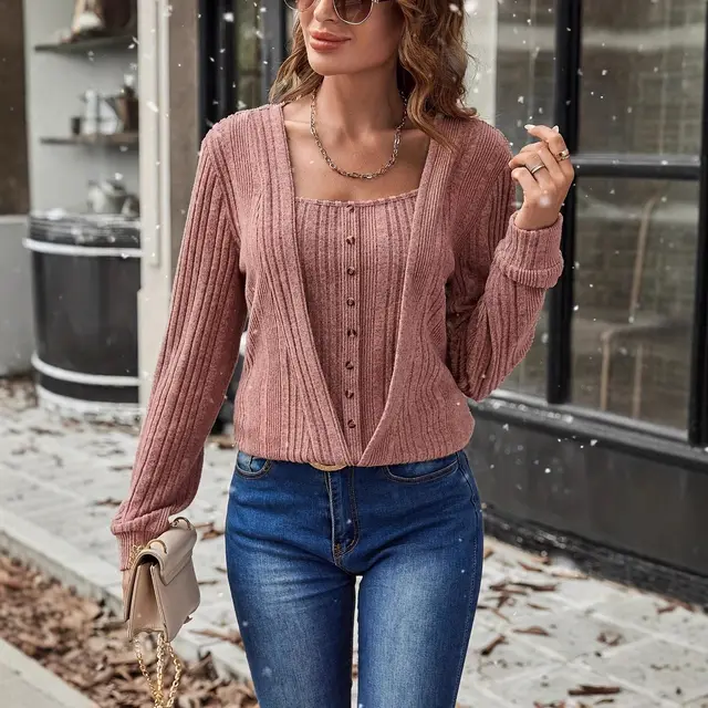 Button Loose Long Sleeve Solid Color Knitted T shirt Light Brown - Shop at LoveMi