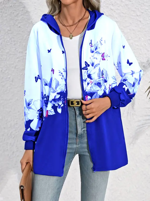 Printed Mid length Zip Hooded Jacket Blue - Shop at LoveMi