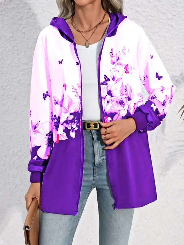 Printed Mid length Zip Hooded Jacket Violet - Shop at LoveMi