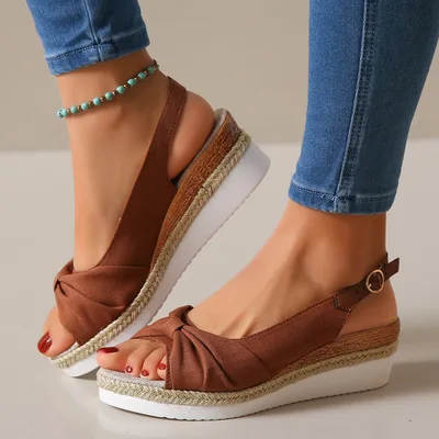 Plus Size Women's Flat Wedge Peep Toe Casual Sandals Brown - Shop at LoveMi