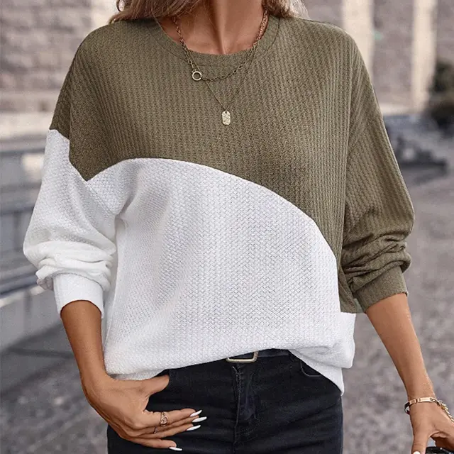 Contrast Color Loose Sweater T shirt Long Sleeve Top White - Shop at LoveMi