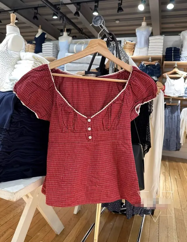 Women's Three button Lace Collar Red Cell Pattern Short sleeved Top As Shown In The Figure - Shop at LoveMi