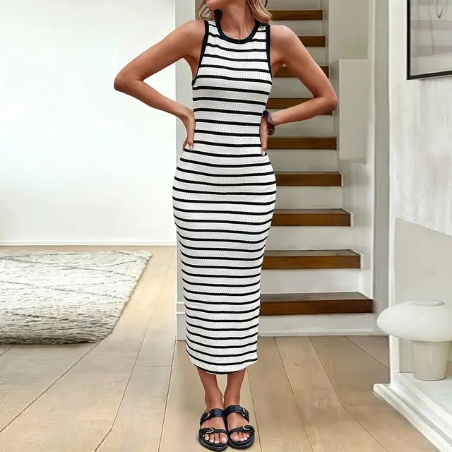 Slim Elastic Sleeveless Round Neck Striped Dress Black And White Stripes - Shop at LoveMi