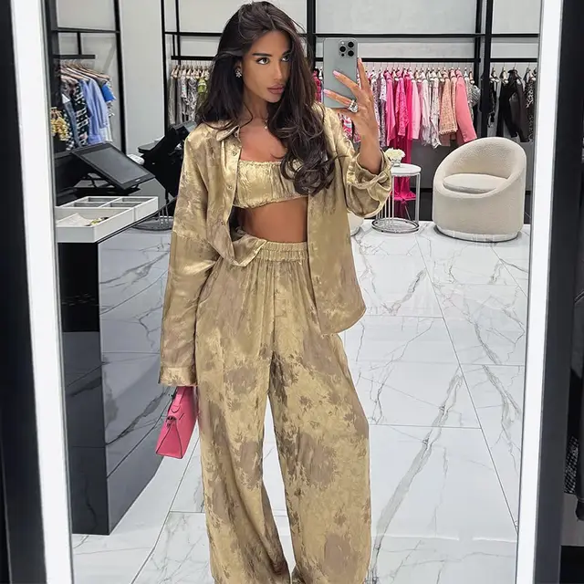 Lapel Long Sleeve Shirt Tube Top Wide Leg Pants Three piece Set Khaki - Shop at LoveMi