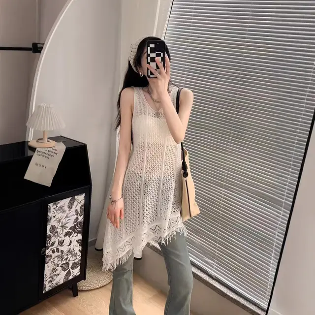 Sweet All matching Hollow Sleeveless Knitted Dress Women Apricot Beige - Shop at LoveMi