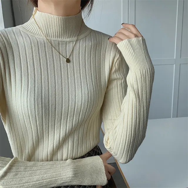 Half high Collar Long Sleeves Knitted Bottoming Shirt Top For Women Apricot - Shop at LoveMi