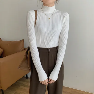 Half high Collar Long Sleeves Knitted Bottoming Shirt Top For Women White - Shop at LoveMi