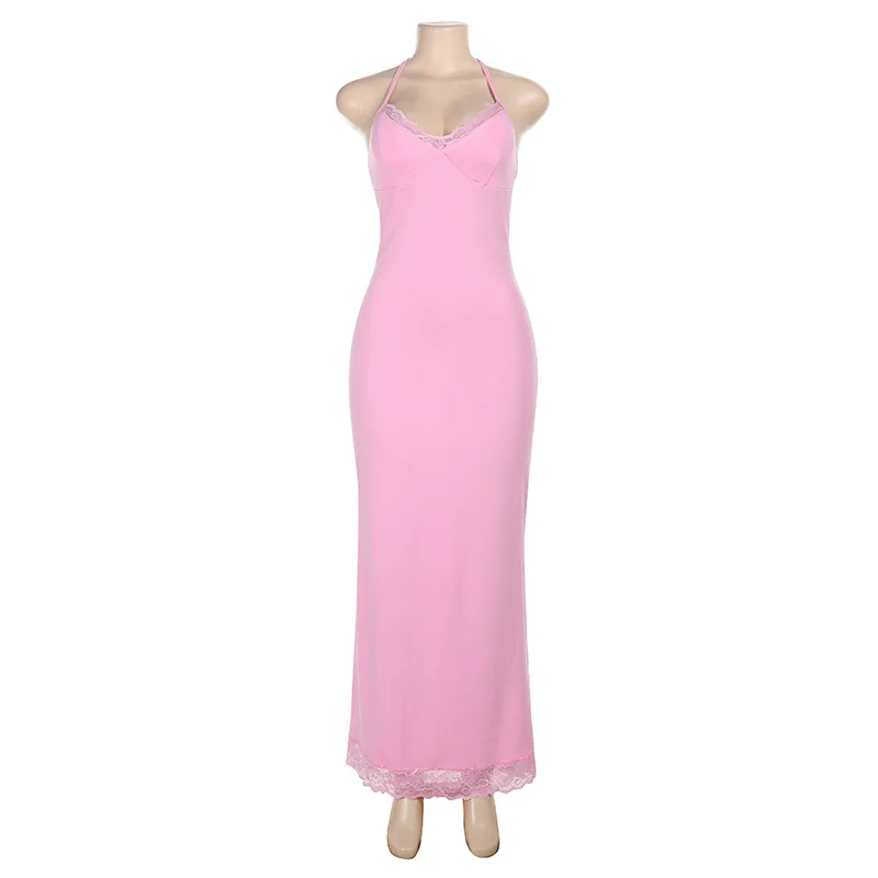 New Solid Color Casual Backless Sling Neckline Base Everyday Dress - Pink - View 1