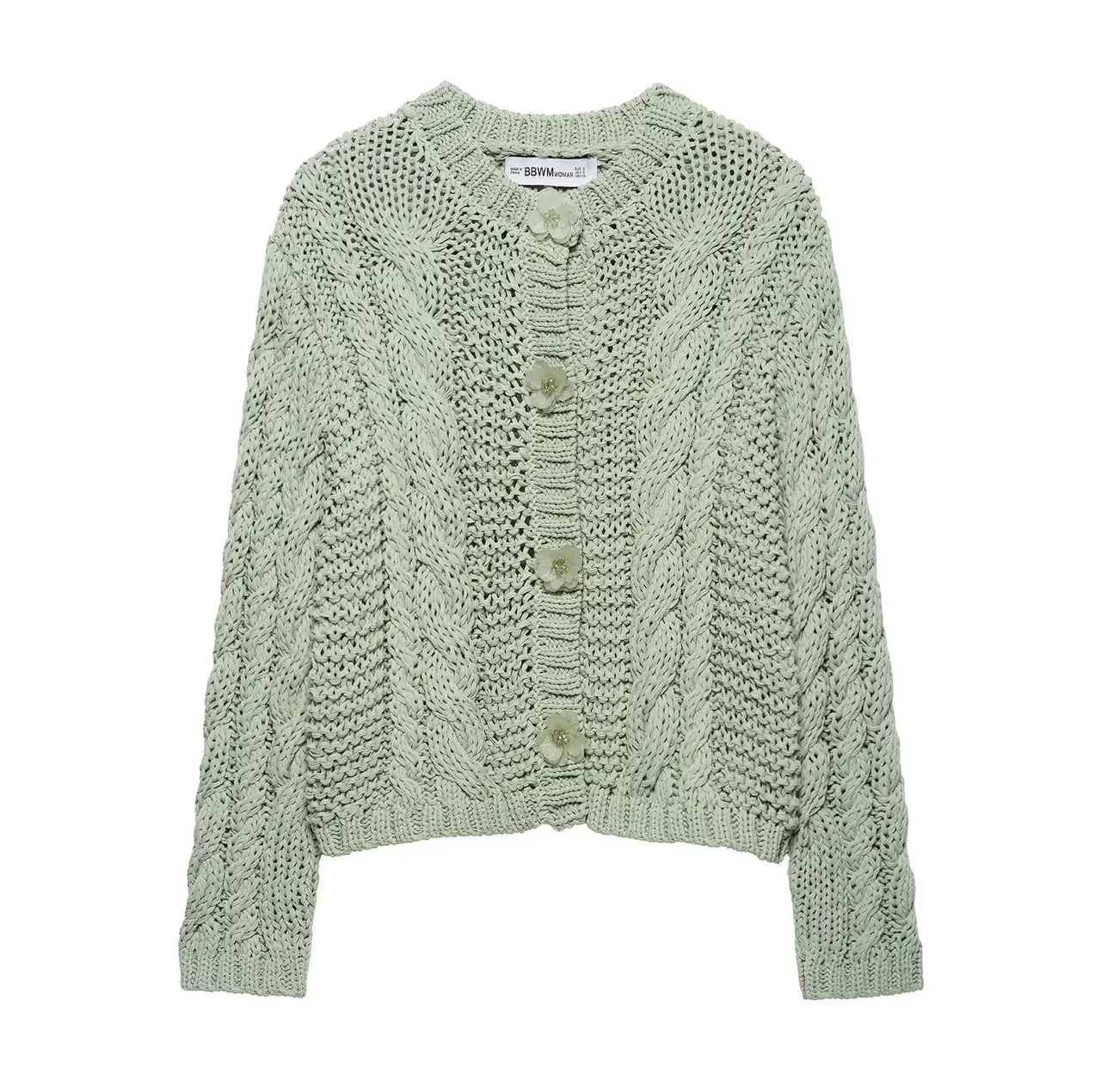 Women's Flower Row Decorative Knitted Coat - Yellow Green