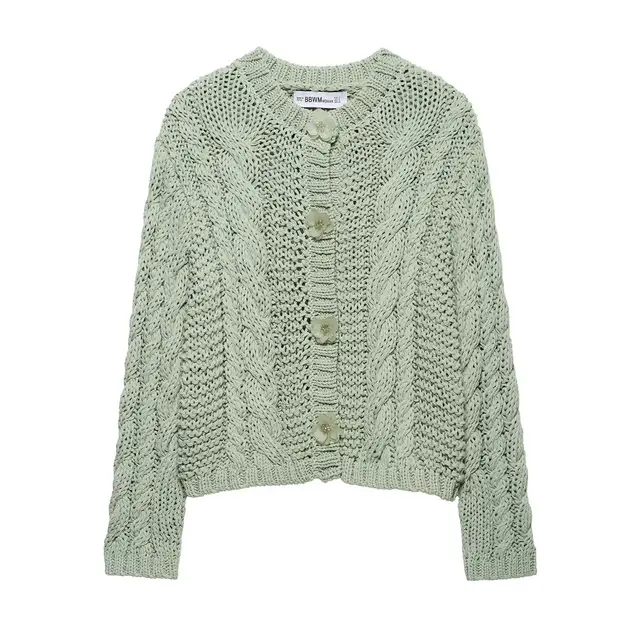 Women's Flower Row Decorative Knitted Coat Yellow Green - Shop at LoveMi