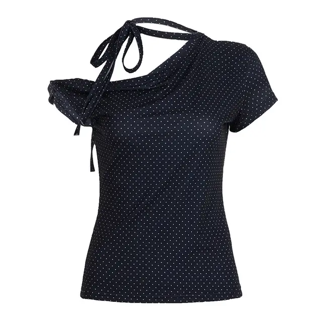 Knotted Slim Fit Backless Halter Short Sleeve Top Black - Shop at LoveMi