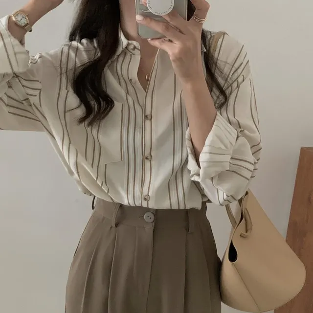 Women's Korean style Gradient Striped Shirt Beige Stripes Shirt - Shop at LoveMi