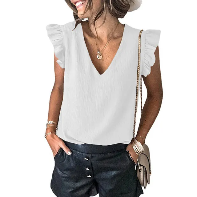 Women's V neck Pullover Ruffled Sleeve Top White - Shop at LoveMi