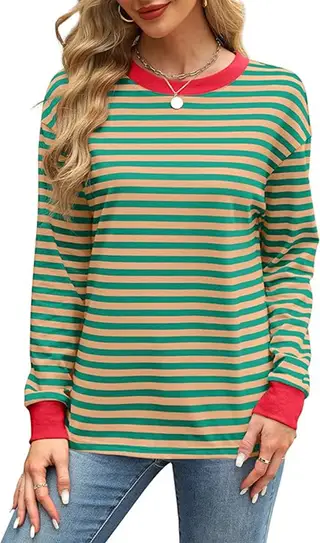 Fashion Color Contrast Loose Round Neck Striped Long Sleeve - Khaki