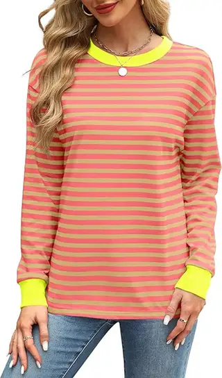 Fashion Color Contrast Loose Round Neck Striped Long Sleeve - Orange Yellow