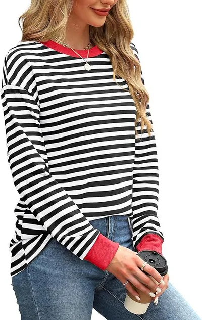 Fashion Color Contrast Loose Round Neck Striped Long Sleeve Red - Shop at LoveMi