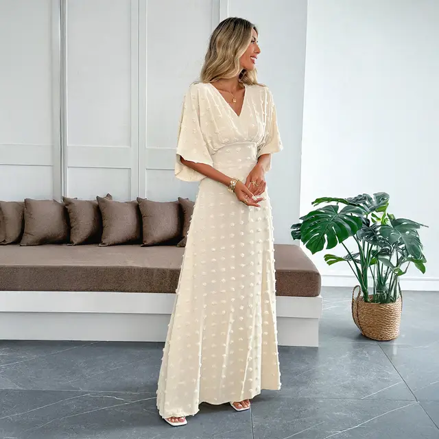 European And American Simple Elegant Style Short Sleeve Simple Dress Apricot - Shop at LoveMi
