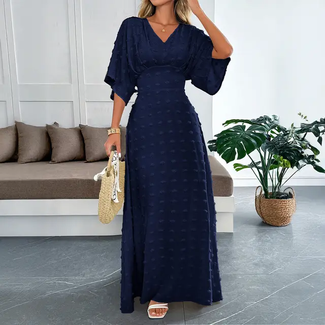 European And American Simple Elegant Style Short Sleeve Simple Dress Dark Blue - Shop at LoveMi