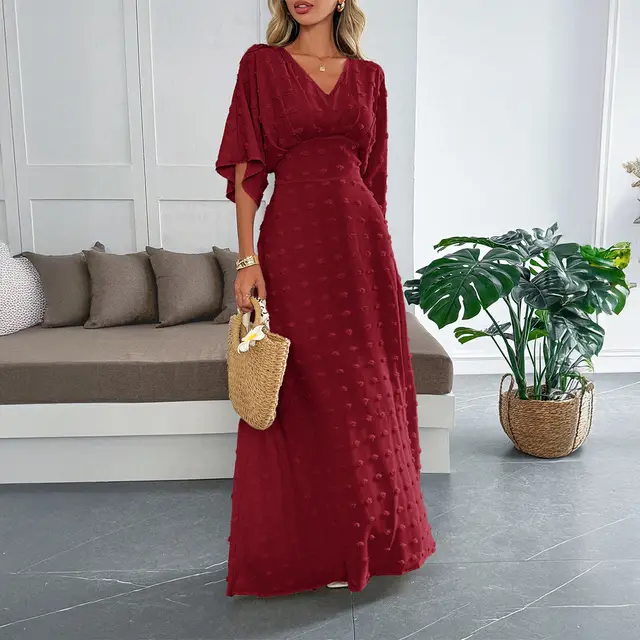 European And American Simple Elegant Style Short Sleeve Simple Dress Wine Red - Shop at LoveMi