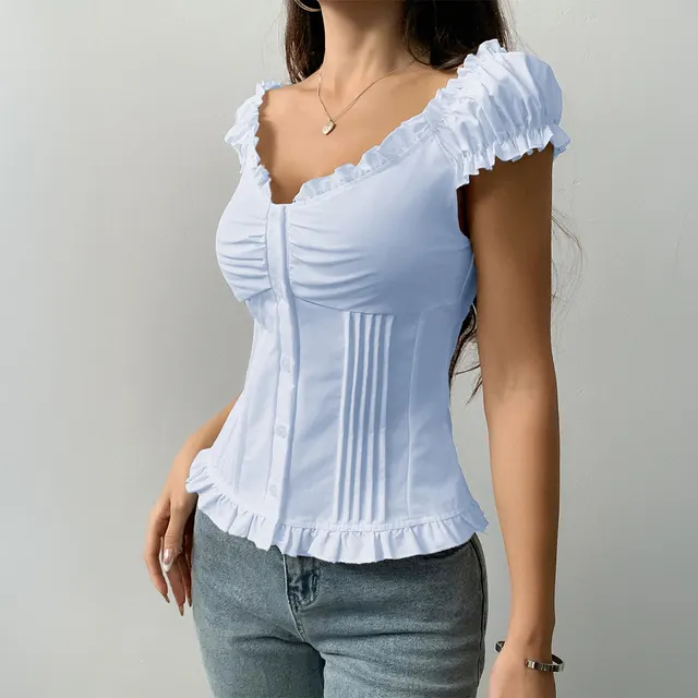 Style Summer Short Sleeve Wooden Ear Vest Women's Clothing Light Blue - Shop at LoveMi