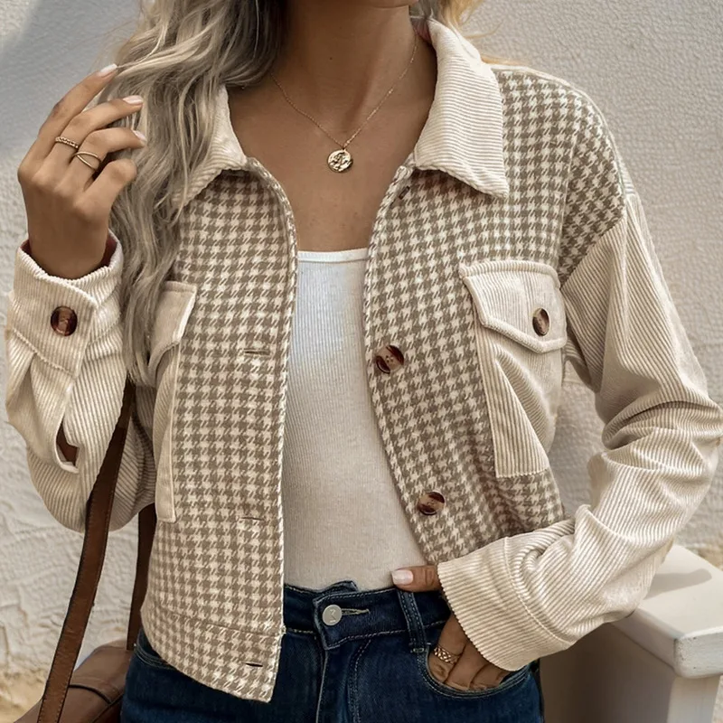 Corduroy Stitching Brushed Houndstooth Coat Women - Khaki - View 1