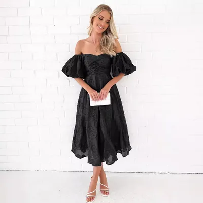 Spring And Summer Seaside Vacation Style Puff Sleeve Waist tight Dress Women Black - Shop at LoveMi
