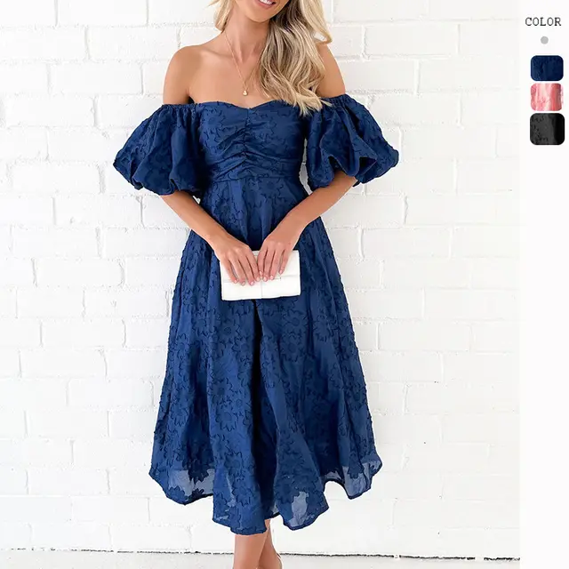 Spring And Summer Seaside Vacation Style Puff Sleeve Waist tight Dress Women Dark Blue - Shop at LoveMi