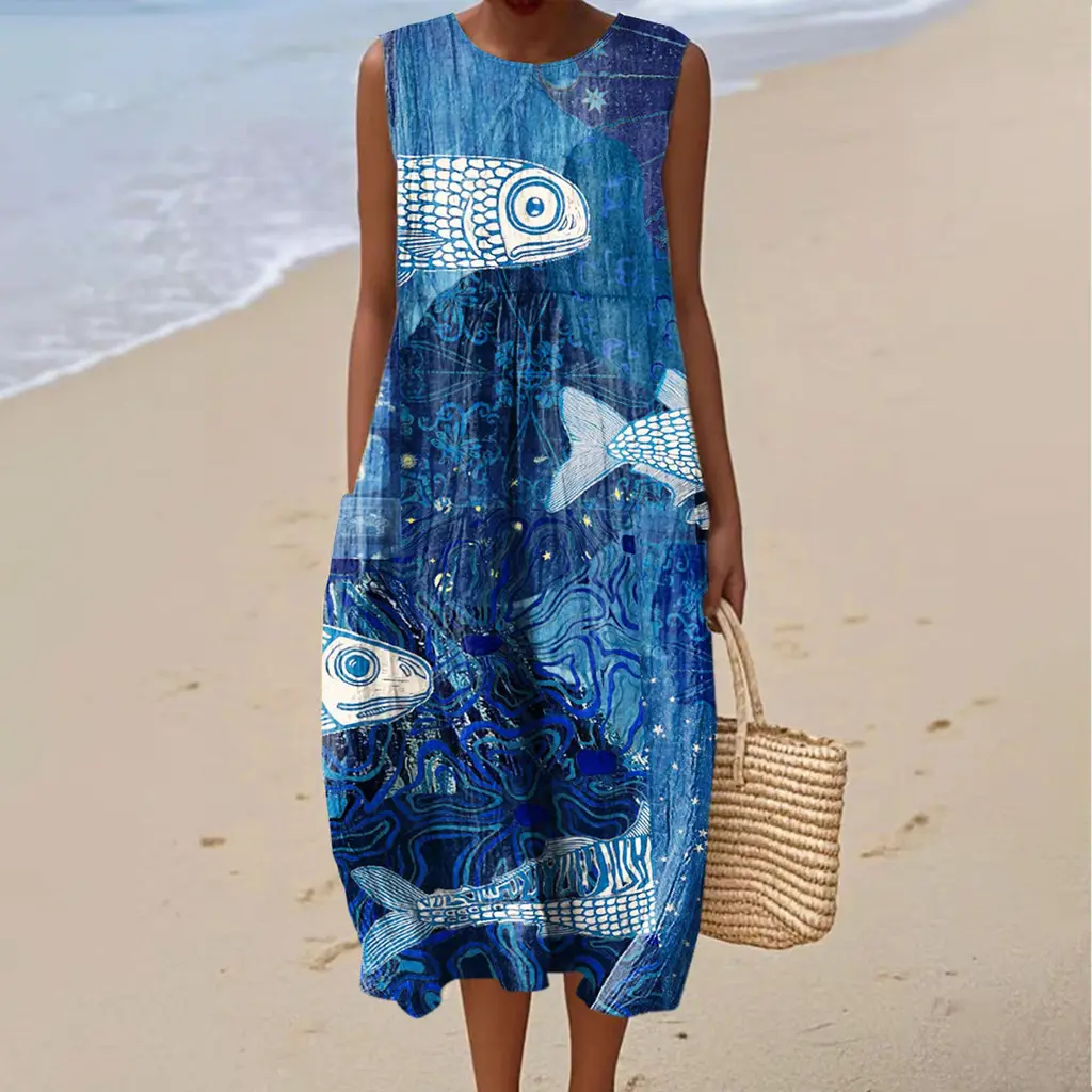 Sleeveless Shirt Dress Women's Casual Floral Print 3D Printed Sleeve Length Skirt - 37 Models