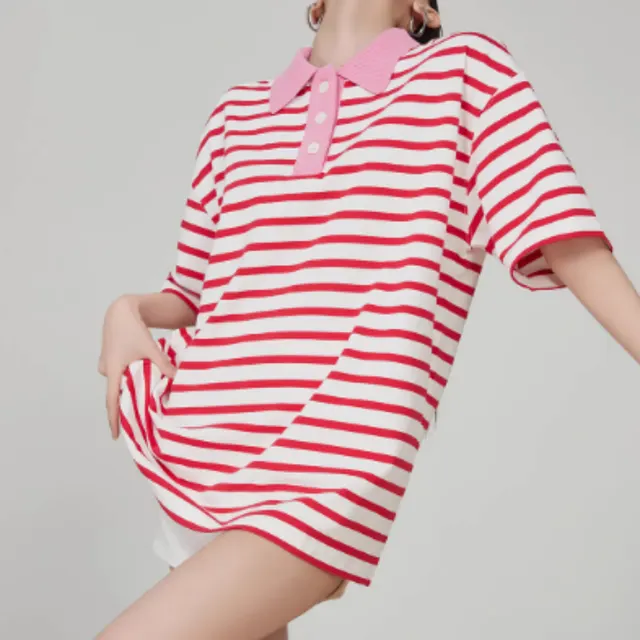 Dopamine Striped Polo Knitted Top For Women Pink - Shop at LoveMi