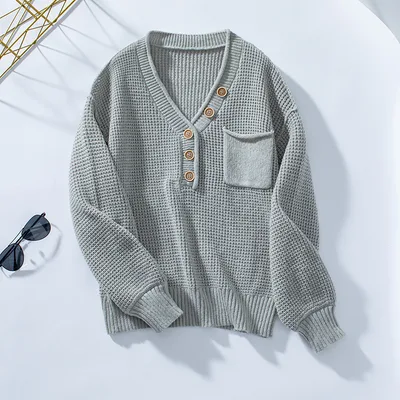 V neck Buttons Solid Color Sweater For Women Gray - Shop at LoveMi