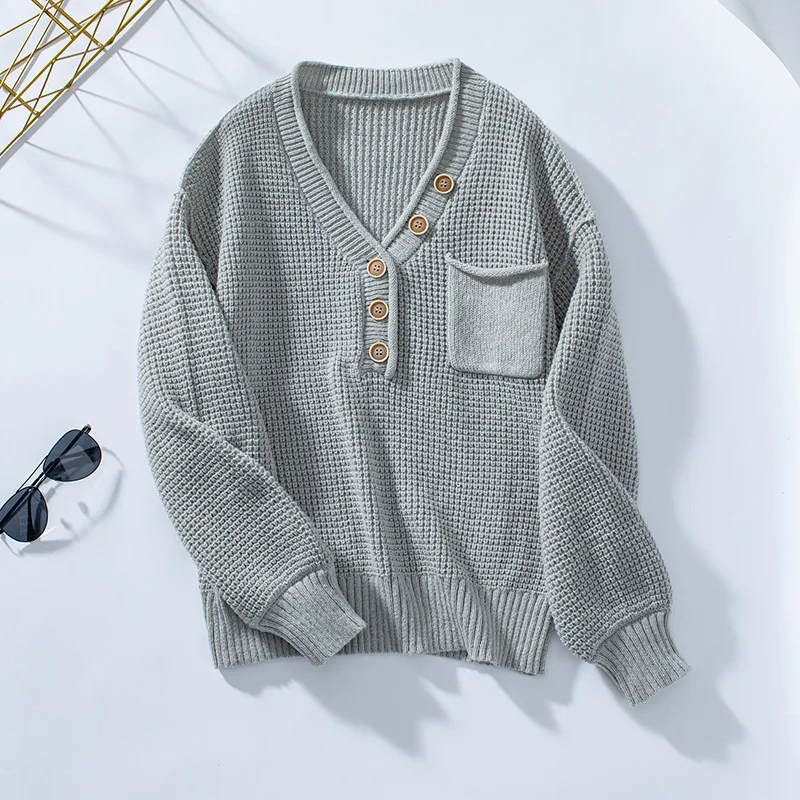 V-neck Buttons Solid Colour Sweater For Women - Grey